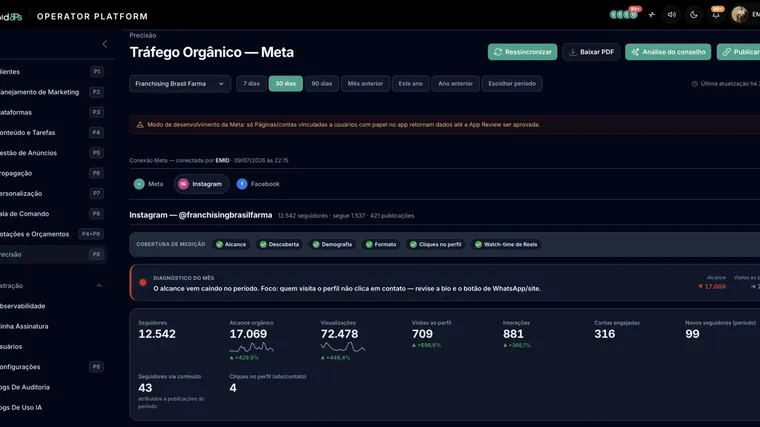 Painel de tráfego orgânico no Meta com diagnóstico do período