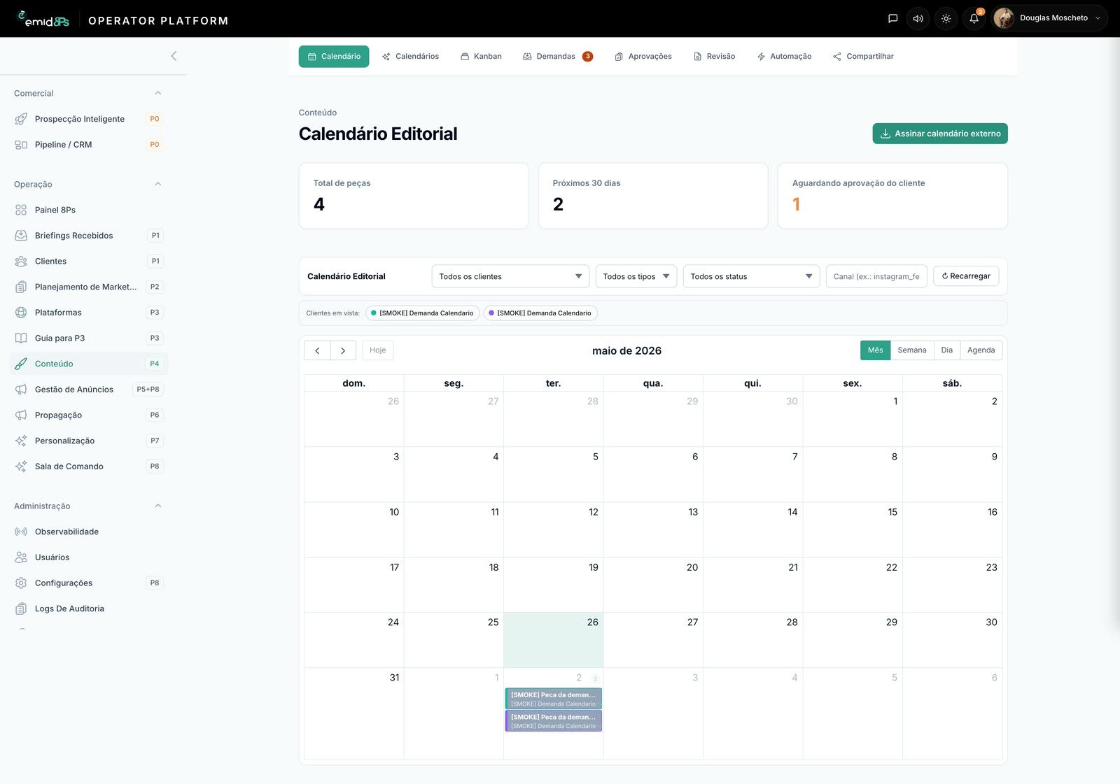 Calendário editorial do Operator — P2 Planejamento