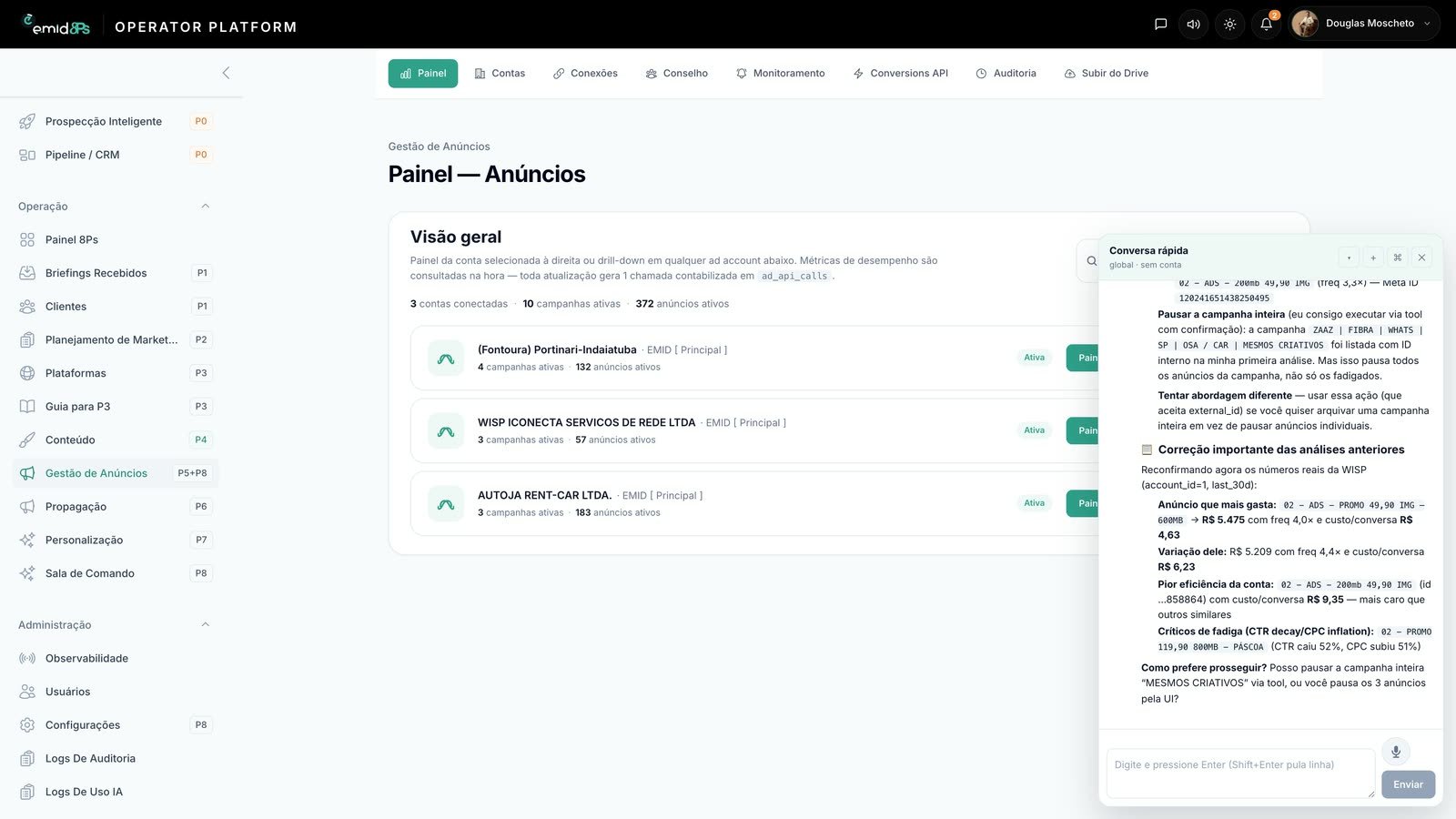 Tela do Operator — Operação e Colaboração
