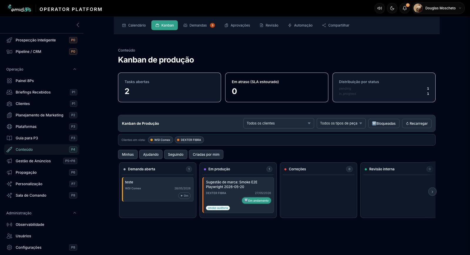 Board de demandas com task aberta — tudo em um lugar, sem costura