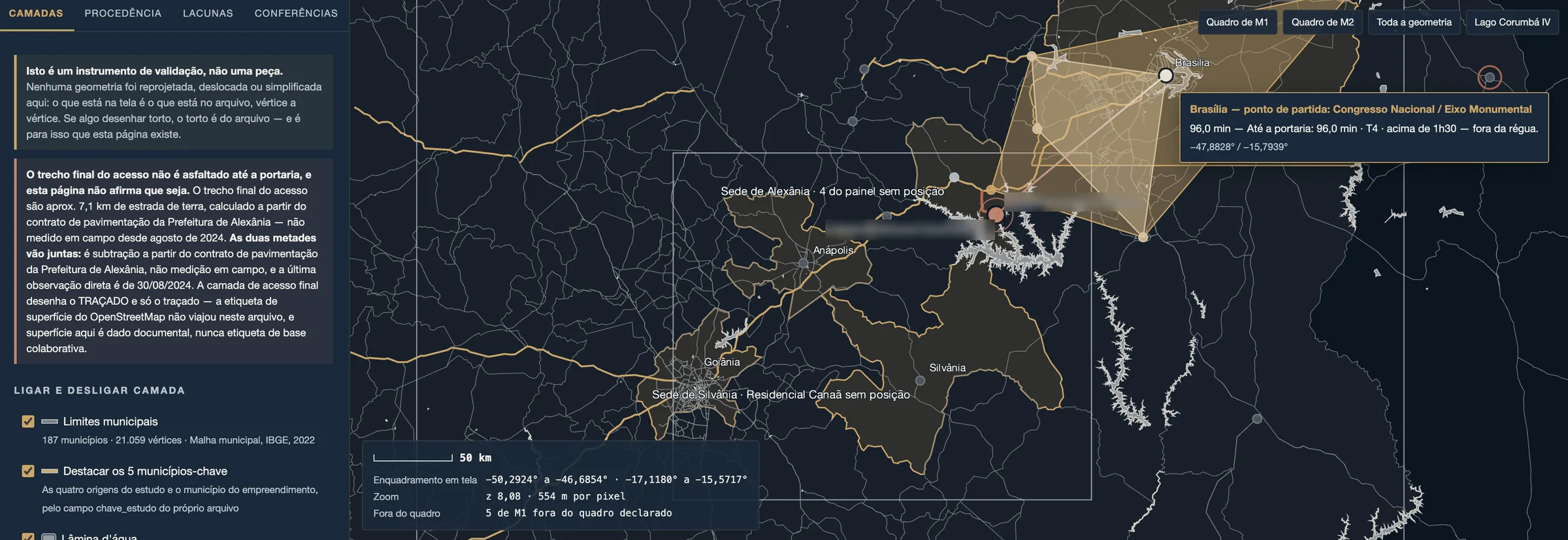Painel de cartografia de uma PMP: isócrona a partir de Brasília sobre a malha municipal, com painel de camadas, fontes, datas e notas de procedência.